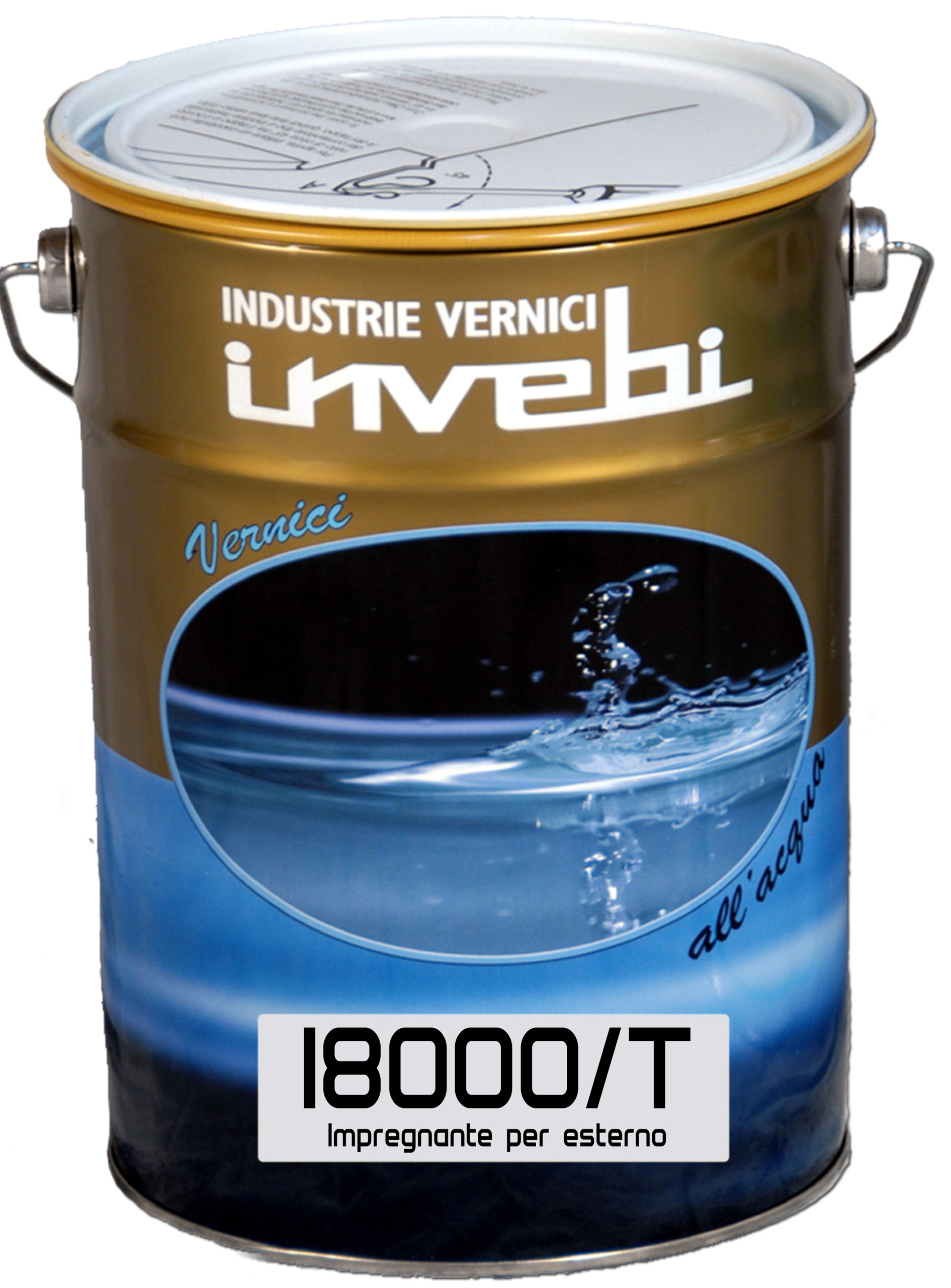 Lattina da 5 litri di impregnante per esterni su fondo legnoso.